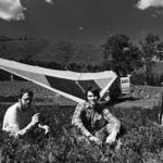 Bob Holliston, Alba Bartholomew, and Garland Wyatt in the alfalfa field near Pitt, Washington, on Route 142 (photograph by Heat-Moon, 1978, BLUE HIGHWAYS, courtesy of Heat-Moon and Little, Brown and Company) (BH 233-38)